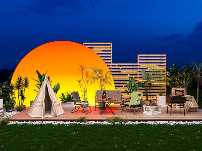 Artistic Floral Installation In Outdoor Night Scene With Orange Circular Decor Wooden Frames And Greenery 3d model
