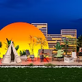 Artistic Floral Installation In Outdoor Night Scene With Orange Circular Decor Wooden Frames And Greenery