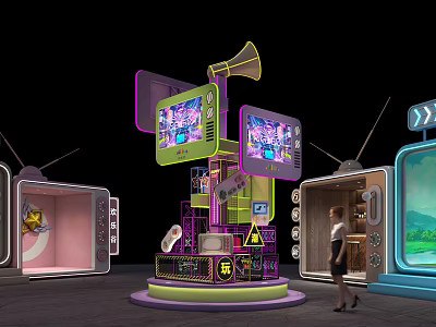 Interactive Zone With Multi level Display Screens Speakers Game Controllers And Retro TVs 3d model