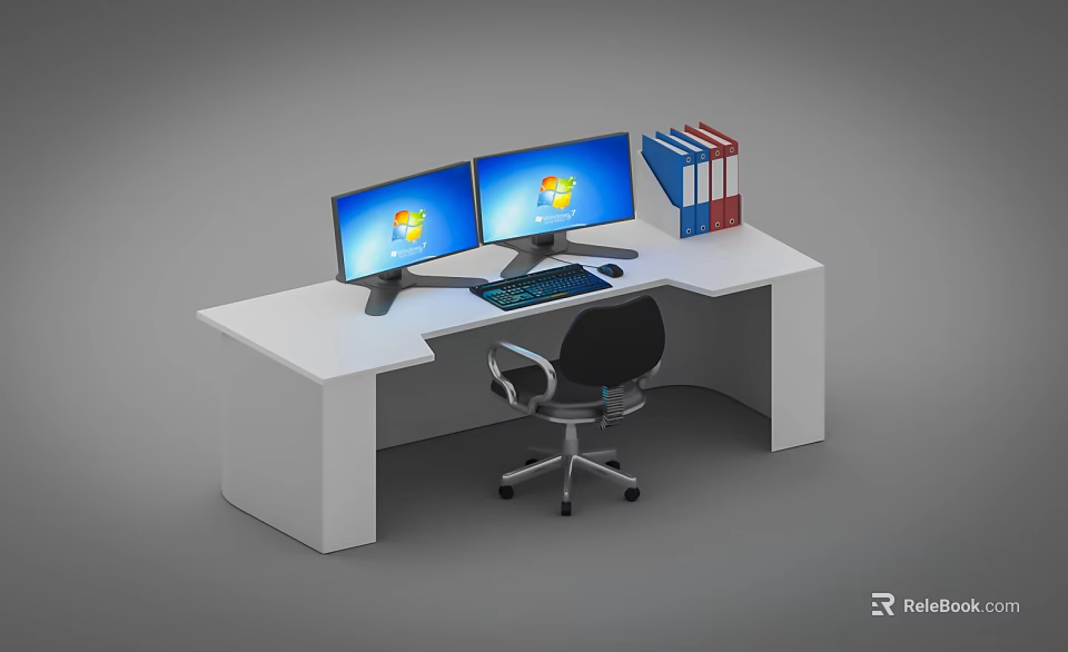 Modern Office Desk Setup With Dual Monitors Keyboard Mouse Office Chair And Colorful Folders 3d model 