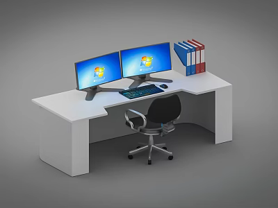 Modern Office Desk Setup With Dual Monitors Keyboard Mouse Office Chair And Colorful Folders 3d model