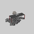 Modern Office Desk Setup With Red Legs Black Top Chair And Wavy Rug