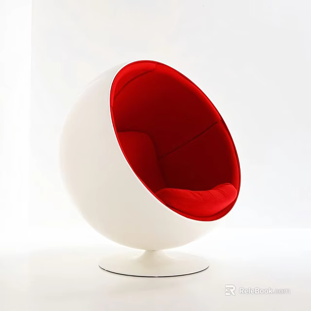 Modern Spherical Single Chair With White Outer Shell And Red Cushion Interior 3d model 