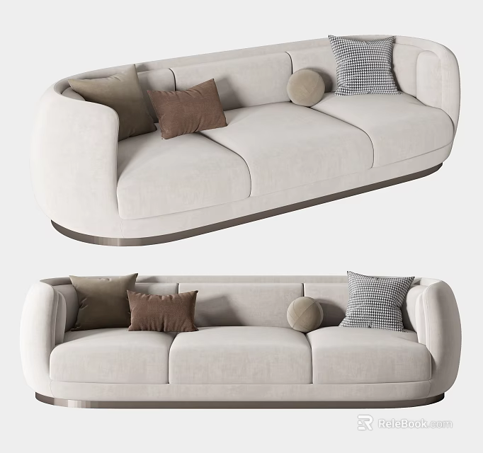 Modern Light Beige Three Seater Sofa With Brown Beige And Plaid Cushions Curved Armrest 3d model 