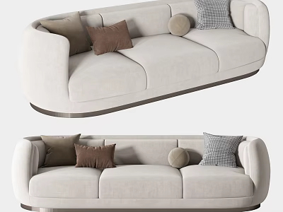 Modern Light Beige Three Seater Sofa With Brown Beige And Plaid Cushions Curved Armrest 3d model