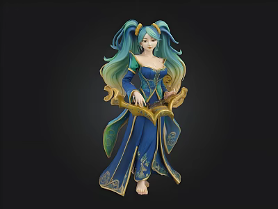 Anime Female Character With Twin Pigtails Blue Gold Dress Holding Scroll Long Hair Ornate Details 3d model