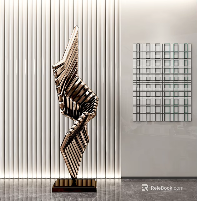 Artistic Modern Metallic Twisted Striped Sculpture With Grid Wall Panel Decoration 3d model 