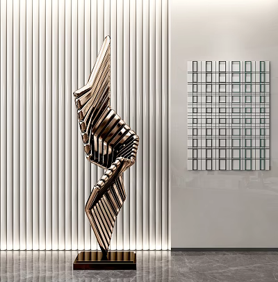 Artistic Modern Metallic Twisted Striped Sculpture With Grid Wall Panel Decoration 3d model
