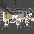 Exhibition Hall Interior Featuring Easels Artworks Hexagonal Pendant Lights And Yellow Shelving Units