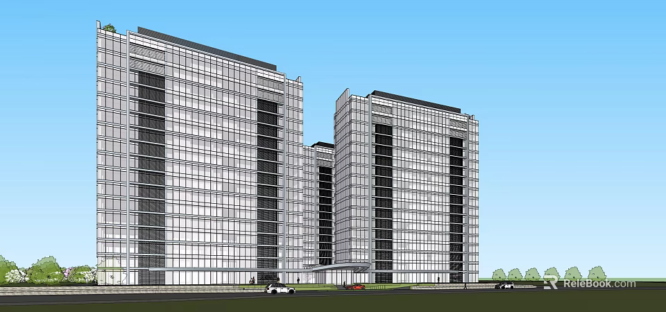 Modern High Rise Buildings Exterior Design With Glass Curtain Walls Blue Sky And Green Lawn 3d model 