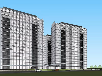 Modern High Rise Buildings Exterior Design With Glass Curtain Walls Blue Sky And Green Lawn 3d model