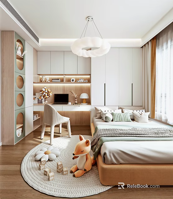 Cozy Tatami Bedroom With White Cabinets Desk Chair And Pendant Light 3d model 