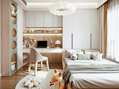 Cozy Tatami Bedroom With White Cabinets Desk Chair And Pendant Light 3d model