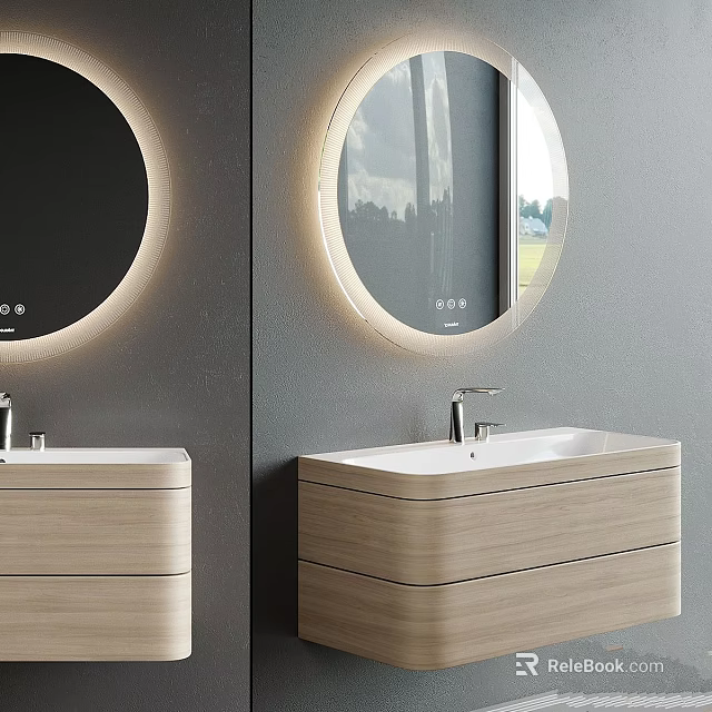 Double Wooden Washbasin Vanity Units With Round Backlit Mirrors And Gray Walls 3d model 