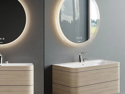 Double Wooden Washbasin Vanity Units With Round Backlit Mirrors And Gray Walls 3d model