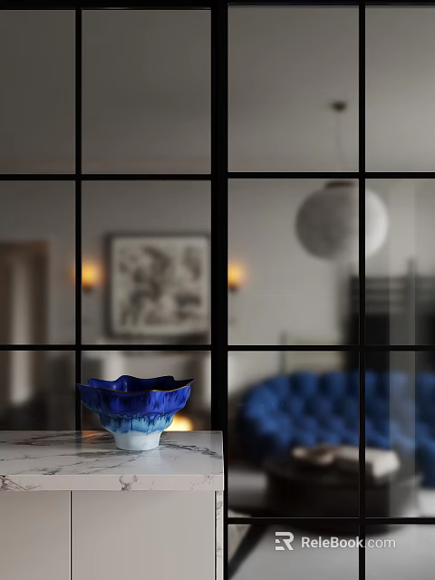 Blue Sofa Coffee Table Combination With Blue Bowl Black Grid Window And Wall Painting 3d model 
