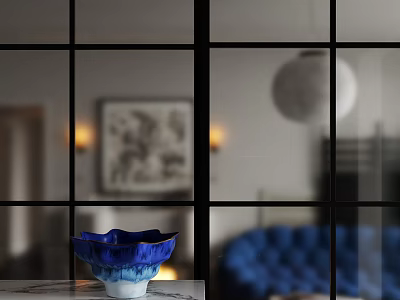 Blue Sofa Coffee Table Combination With Blue Bowl Black Grid Window And Wall Painting 3d model