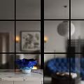 Blue Sofa Coffee Table Combination With Blue Bowl Black Grid Window And Wall Painting