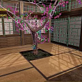 Cartoon Scene of Japanese Room With Wooden Sliding Doors Tatami Floor And Pink Cherry Tree