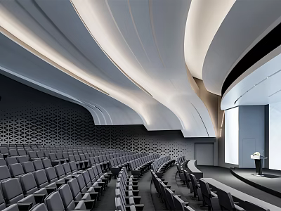 Modern Conference Room Interior With Curved Ceiling LED Lighting Rows of Seats and Lecture Stage 3d model