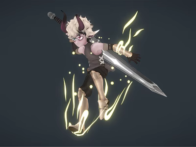 Anime Style Game Character With Horns And Flaming Sword In Action Pose 3d model