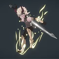 Anime Style Game Character With Horns And Flaming Sword In Action Pose
