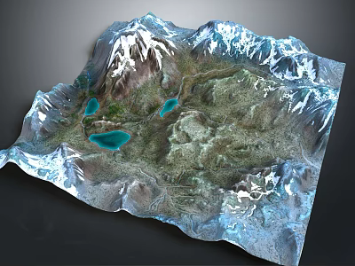 Scenic Natural Mountain Landscape With Snow Capped Peaks Turquoise Lakes And Green Terrain 3d model