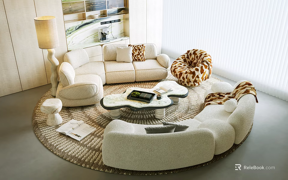 Modern Soft Curved Boucle Sofa And Unique Coffee Table Set For Comfortable Home Living Room 3d model 