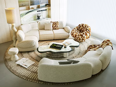 Modern Soft Curved Boucle Sofa And Unique Coffee Table Set For Comfortable Home Living Room 3d model