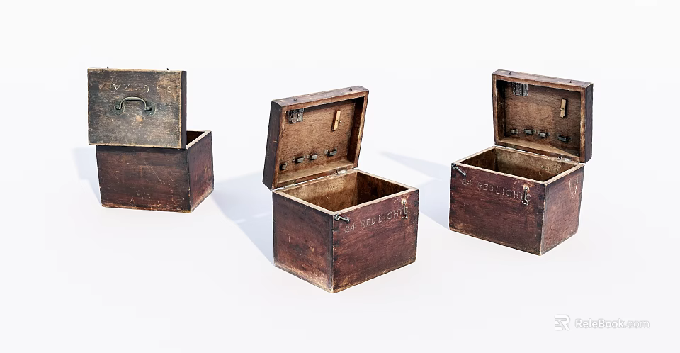 Three Open Vintage Wooden Boxes With Metal Hardware And Hinges 3d model 