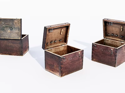 Three Open Vintage Wooden Boxes With Metal Hardware And Hinges 3d model
