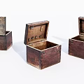 Three Open Vintage Wooden Boxes With Metal Hardware And Hinges