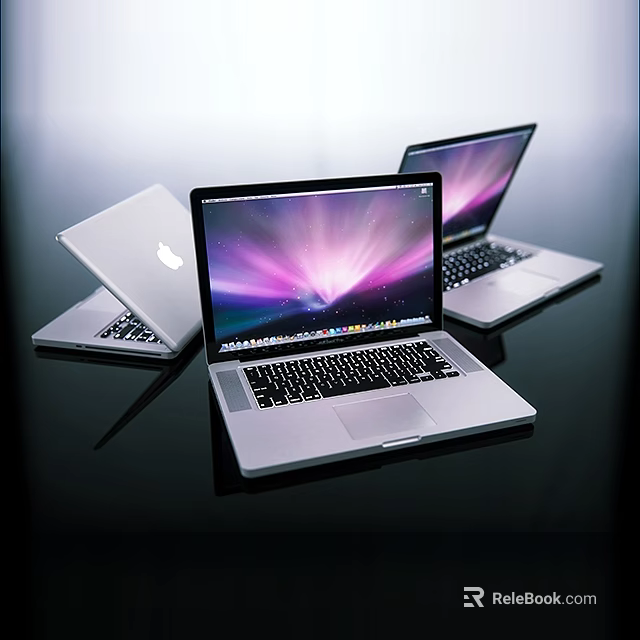 Three Silver Apple Modern Laptops With Purple Pink Gradient Screen Display And Keyboard Trackpad 3d model 