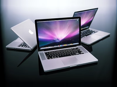Three Silver Apple Modern Laptops With Purple Pink Gradient Screen Display And Keyboard Trackpad 3d model