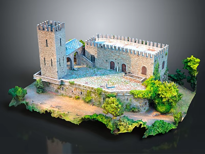 Medieval Castle Structure Featuring Stone Tower Arched Doors And Lush Greenery 3d model
