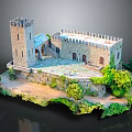 Medieval Castle Structure Featuring Stone Tower Arched Doors And Lush Greenery 3d model
