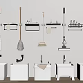 Bathroom Vanity Set With White Basins Wall Mounted Racks Cleaning Tools and Towels 3d model