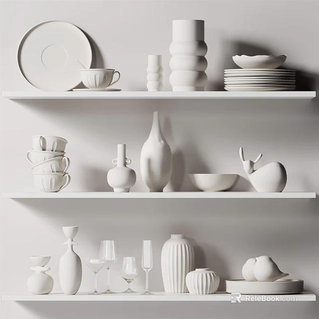 White Ceramic Kitchenware Displayed on Shelves with Cups Plates Bowls and Vases 3d model