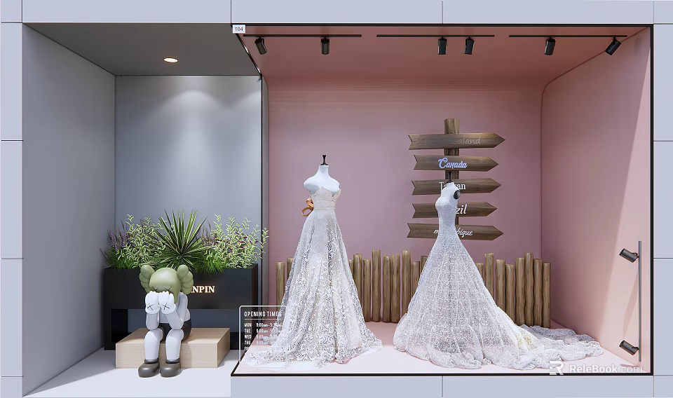 Romantic Shop Window With White Lace Wedding Dresses Pink Backdrop Green Plants And Wooden Signs 3d model 