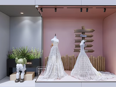 Romantic Shop Window With White Lace Wedding Dresses Pink Backdrop Green Plants And Wooden Signs 3d model
