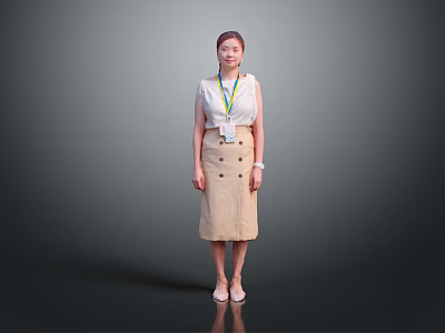 Standing Woman in Sleeveless Top Beige Double Breasted Skirt with Lanyard Badge Against Gray Background 3d model