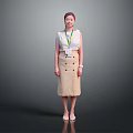 Standing Woman in Sleeveless Top Beige Double Breasted Skirt with Lanyard Badge Against Gray Background