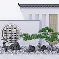 Chinese Style Courtyard Garden With White Walls Black Tiles Round Lattice Window And Pine Tree