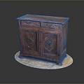 Vintage Brown Wooden Cabinet With Carved Doors And Top Drawers On Circular Base