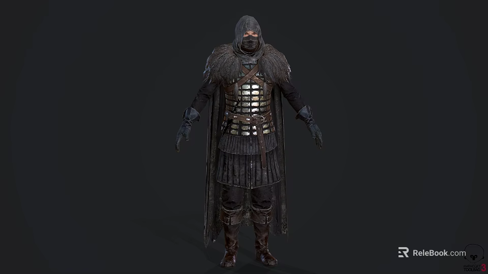 A Man In Medieval Warrior Armor With Hooded Helmet And Long Cloak 3d model 