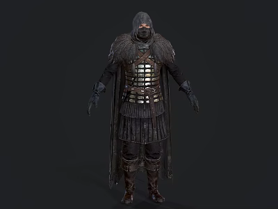 A Man In Medieval Warrior Armor With Hooded Helmet And Long Cloak 3d model
