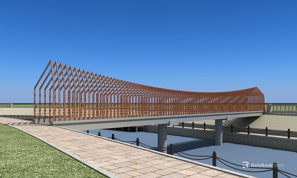 Modern Wooden Bridge With Curved Roof And Diagonal Slats Over Water Area 3d model 