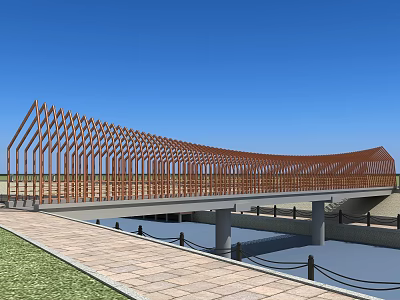 Modern Wooden Bridge With Curved Roof And Diagonal Slats Over Water Area 3d model