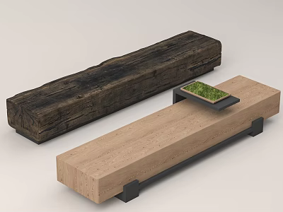 Wooden Landscape Seats With Dark And Light Finishes And Small Greenery Planter 3d model