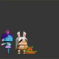 Purple Haired Character with Pink Crown and Rabbit Ear Headband Character near Carrot Shapes